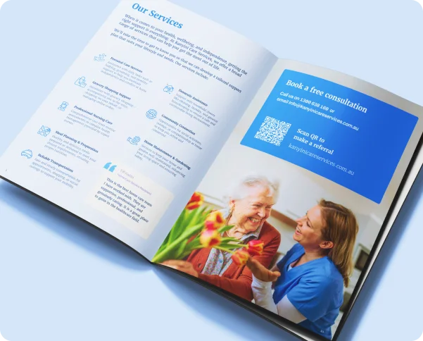 Open pamphlet showing key services and contact details for Kanyini website consultation.