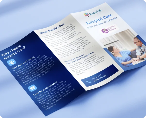 Open pamphlet with three-fold design displaying contact information and key services of the Kanyini website.