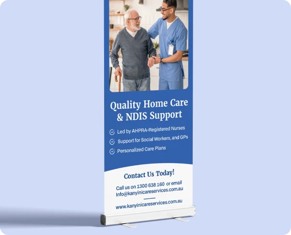 Pamphlet featuring a smiling elderly man with an assistant (top half) and Kanyini website contact details (bottom half).