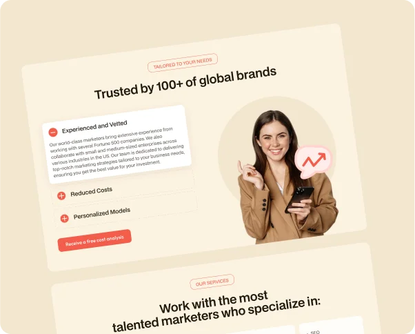 Smiling woman on the right side with text on the left reading "Trusted by 100+ of Global Brands"