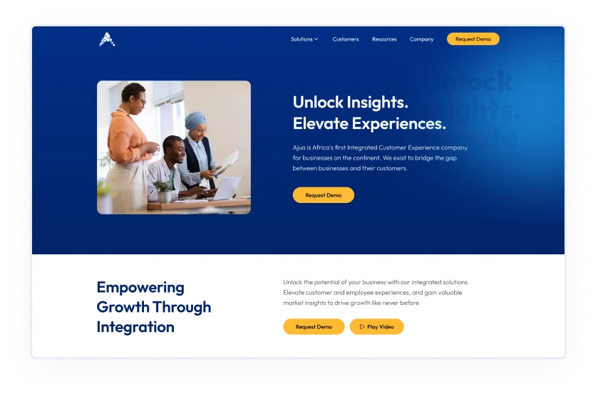 Upper half in blue background with the text 'Unlock Insights, Elevate Experience' and the lower half in white background with text 'Empowering Growth Through Integration' highlighted.