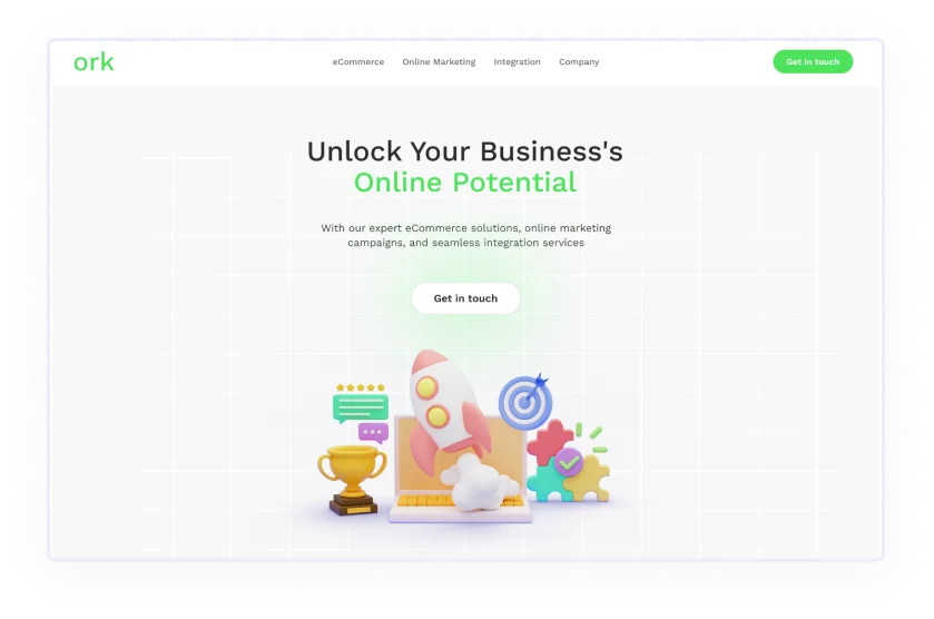 ORK webpage with the text 'Unlock Your Business Online Potential' with animated growth related icons at the bottom