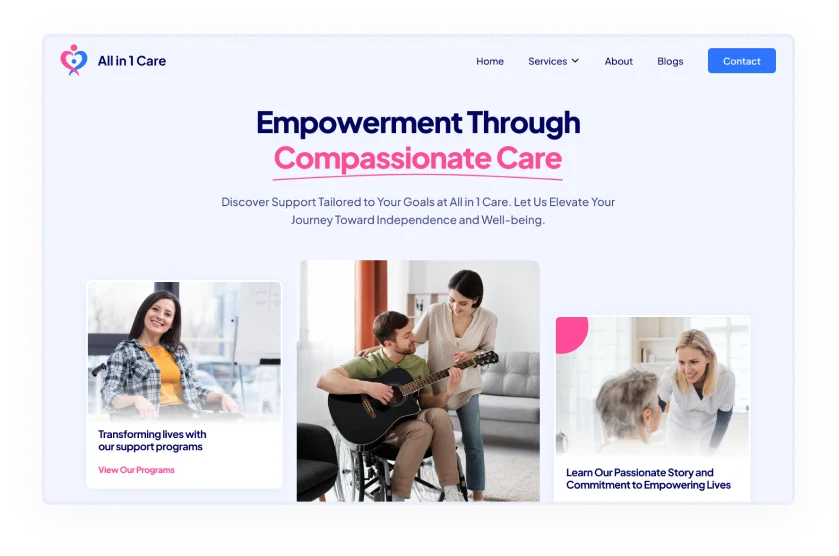 Webpage image which shows care through different images, with the text 'Empowerment with Compassionate Care'.