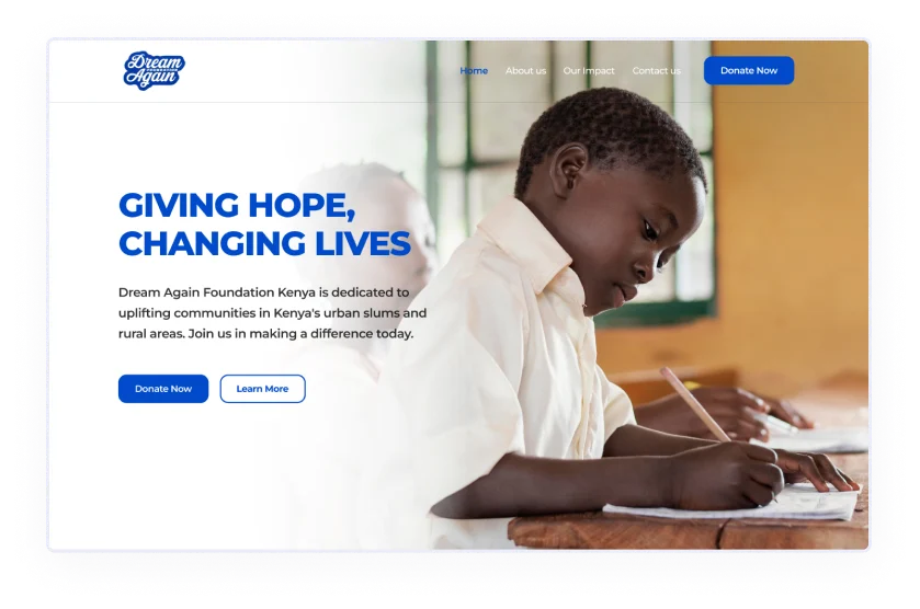 Webpage from Dream Again with a child in school uniform writing, featuring the text 'Giving Hope, Changing Lives'