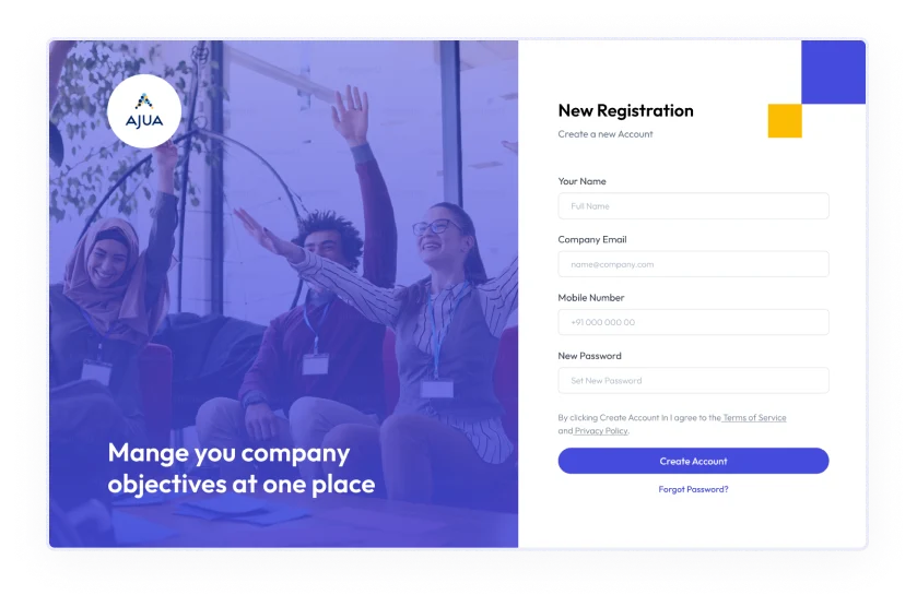 AJUA webpage with a registration form on the right, happy faces of employees on the left, with the text 'Manage Your Company Objectives at One Place'