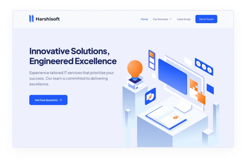 Harshisoft webpage with animated computer system and the text 'Innovative Solutions, Engineered Excellence