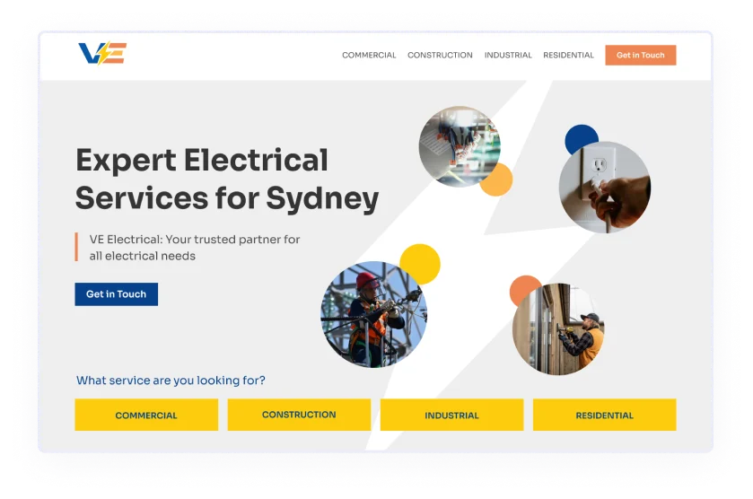 	VE Electrical webpage with text on expert electrical services for Sydney and small service icons.
