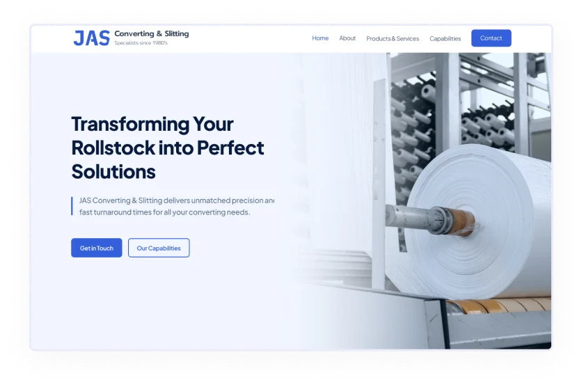 	J.A.S. Converting & Slitting webpage with the text 'Transform Your Roll Stock into Perfect Solutions' and an image of a large paper roll stock on the right.