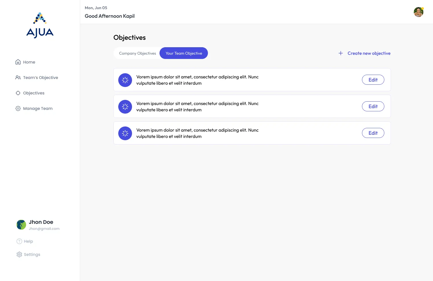 Objectives Management Page